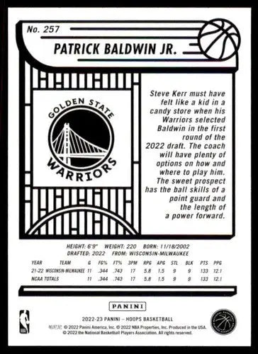 2022-23 Panini NBA Hoops #257 Patrick Baldwin Jr. NM-MT RC Rookie Warri ID:52129 - Basketball Card Single