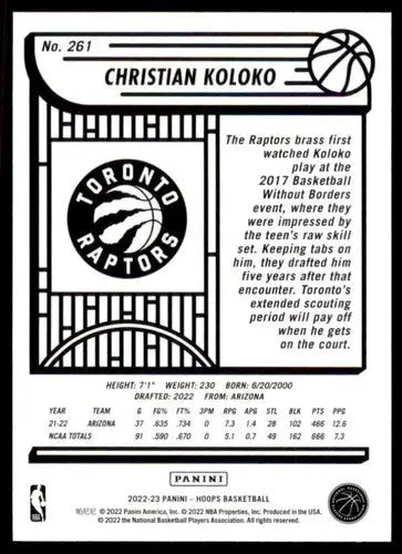 Original gloss basketball card back from Panini NBA Hoops 2022-23 Christian Koloko RC