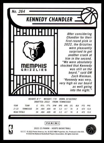 2022-23 Panini NBA Hoops #264 Kennedy Chandler NM-MT RC Rookie Grizzlie ID:52135 - Basketball Card Single