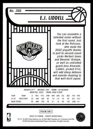E.J. Liddell basketball card from 2022-23 Panini NBA Hoops, rookie Pelicans image