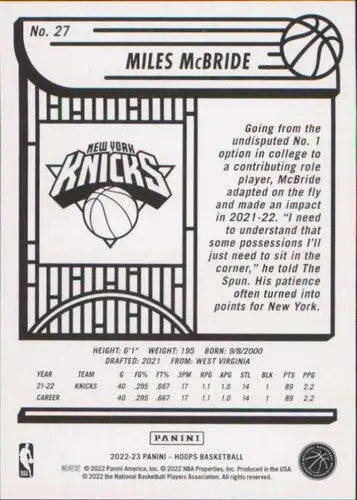 Original gloss Panini NBA Hoops Miles McBride basketball card from 2022-23 Knicks series