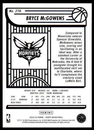 2022-23 Panini NBA Hoops #276 Bryce McGowens NM-MT RC Rookie Hornets ID:52145 - Basketball Card Single