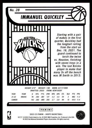2022-23 Panini NBA Hoops #28 Immanuel Quickley NM-MT Knicks ID:51214 - Basketball Card Single