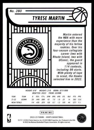 2022-23 Panini NBA Hoops #280 Tyrese Martin NM-MT RC Rookie Hawks ID:52149 - Basketball Card Single
