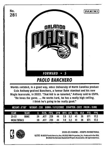 2022-23 Panini NBA Hoops #281 Paolo Banchero NM-MT Magic ID:51210 - Basketball Card Single