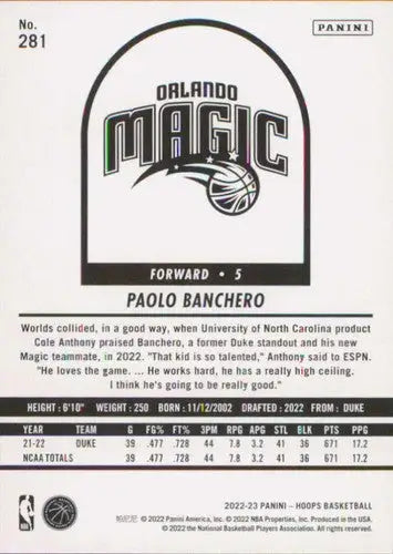 Panini NBA Hoops Paolo Banchero basketball card from 2022-23 Panini NBA Hoops series