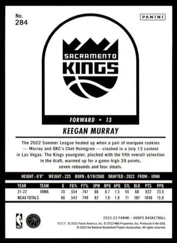 2022-23 Panini NBA Hoops #284 Keegan Murray NM-MT Sac Kings ID:54788 - Basketball Card Single