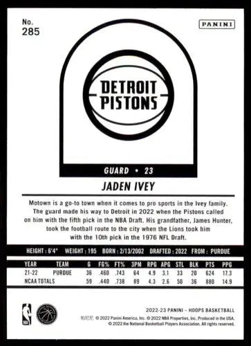 Basketball card back from 2022-23 Panini NBA Hoops Jaden Ivey Pistons NM-MT