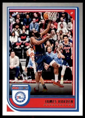 James Harden basketball card from 2022-23 Panini NBA Hoops series featuring Philadelphia 76ers