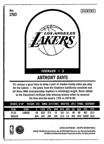 Original gloss Panini NBA Hoops Anthony Davis basketball card Lakers 2022-23 NM-MT