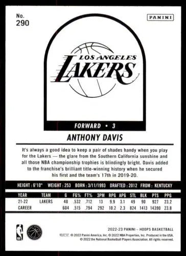 Basketball card back from 2022-23 Panini NBA Hoops featuring Anthony Davis Lakers ID 51921