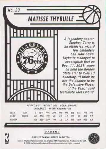 Matisse Thybulle basketball card from Panini NBA Hoops 2022-23 series featuring the 76ers