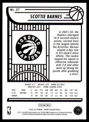 2022-23 Panini NBA Hoops #37 Scottie Barnes NM-MT Raptors ID:54783 - Basketball Card Single