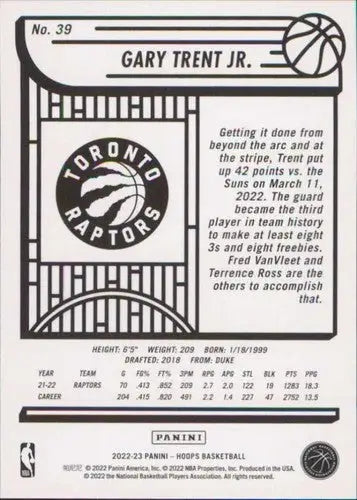 Original gloss basketball card from Panini NBA Hoops featuring Gary Trent Jr. Raptors