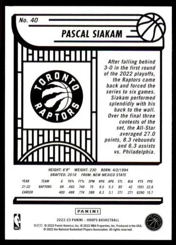Pascal Siakam basketball card from Panini NBA Hoops 2022-23 series featuring Raptors