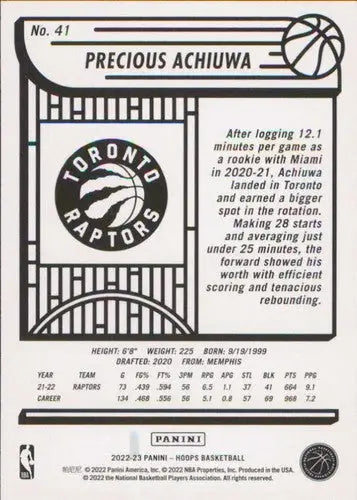 2022-23 Panini NBA Hoops #41 Precious Achiuwa NM-MT Raptors ID:51275 - Basketball Card Single