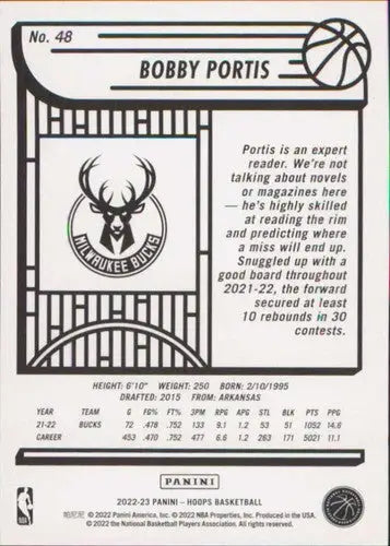 Basketball card back from Panini NBA Hoops 2022-23 featuring Bobby Portis Bucks ID 54772