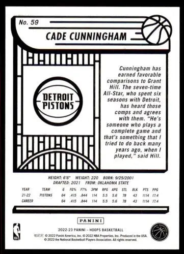 2022-23 Panini NBA Hoops #59 Cade Cunningham NM-MT Pistons ID:51290 - Basketball Card Single