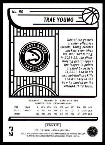 2022-23 Panini NBA Hoops #80 Trae Young NM-MT Hawks ID:54784 - Basketball Card Single