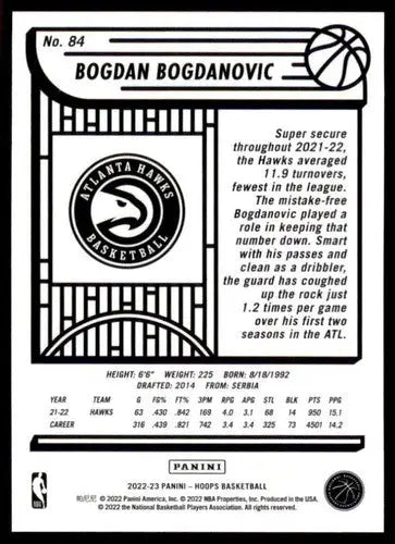Original gloss basketball card back from Panini NBA Hoops 2022-23 featuring Bogdan Bogdanovic