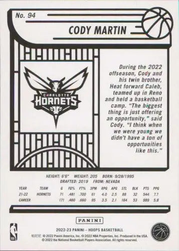 Cody Martin basketball card from Panini NBA Hoops 2022-23 featuring Charlotte Hornets