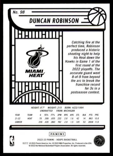 2022-23 Panini NBA Hoops #98 Duncan Robinson NM-MT Heat ID:51820 - Basketball Card Single