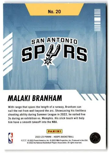 Original gloss Panini NBA Hoops Malaki Branham basketball card from 2022-23 Spurs series