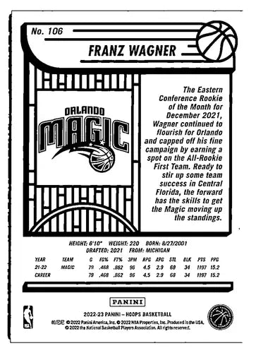 Original gloss Franz Wagner basketball card from Panini NBA Hoops Blue series