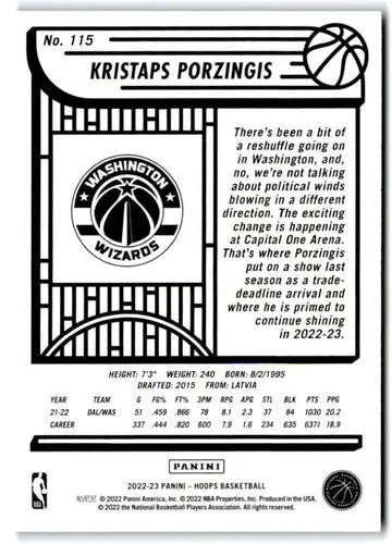 Kristaps Porzingis basketball card from 2022-23 Panini NBA Hoops Blue series