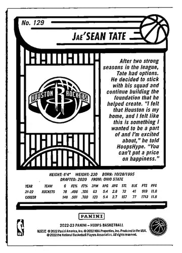 Basketball card featuring Jae’Sean Tate from 2022-23 Panini NBA Hoops Blue series