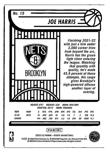 2022-23 Panini NBA Hoops Blue #15 Joe Harris NM-MT Nets ID:51855 - Basketball Card Single