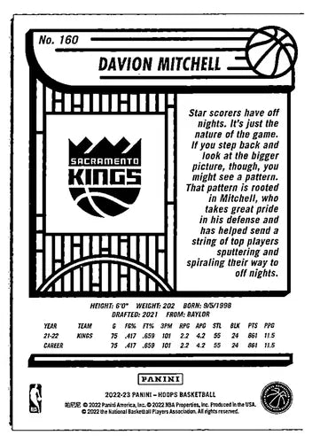 2022-23 Panini NBA Hoops Blue #160 Davion Mitchell NM-MT Sac Kings ID:51862 - Basketball Card Single