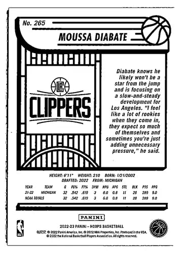 Moussa Diabate basketball card from Panini NBA Hoops Blue 2022-23 rookies collection