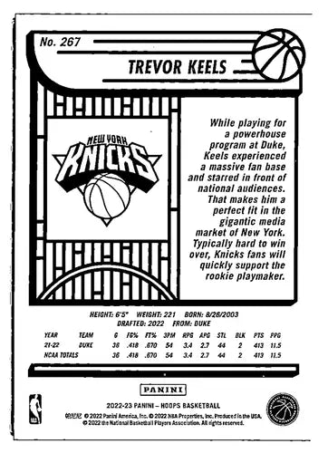 2022-23 Panini NBA Hoops Blue #267 Trevor Keels NM-MT RC Rookie Knicks ID:51868 - Basketball Card Single