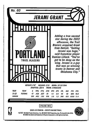 2022-23 Panini NBA Hoops Blue #60 Jerami Grant NM-MT Blazers ID:54234 - Basketball Card Single