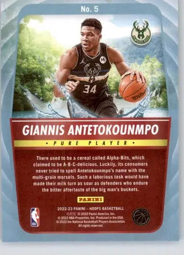 Basketball card from 2022-23 Panini NBA Hoops Pure Players featuring Giannis Antetokounmpo
