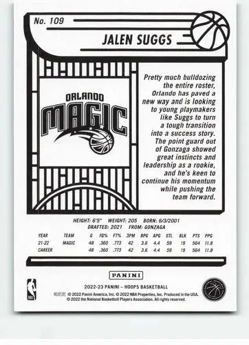 Jalen Suggs Panini NBA Hoops purple basketball card from 2022-23 Panini NBA Hoops series
