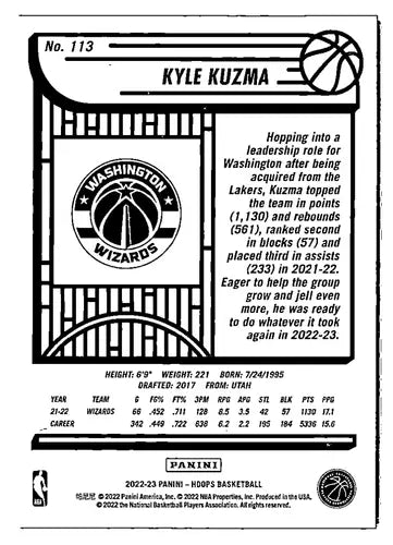 2022-23 Panini NBA Hoops Purple Kyle Kuzma basketball card Wizards ID 51893