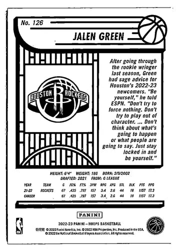 Jalen Green basketball card from Panini NBA Hoops Purple series featuring Rockets player