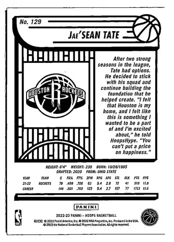 Jae’Sean Tate basketball card from Panini NBA Hoops Purple 2022-23 Rockets collection
