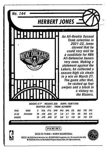 2022-23 Panini NBA Hoops Purple #144 Herbert Jones NM-MT Pelicans ID:51892 - Basketball Card Single