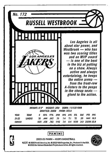 2022-23 Panini NBA Hoops Purple Russell Westbrook Lakers basketball card NM-MT