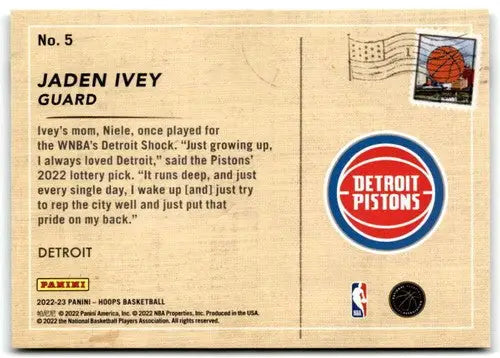 2022-23 Panini NBA Hoops Rookie Greetings #5 Jaden Ivey NM-MT Pistons ID:51874 - Basketball Card Single