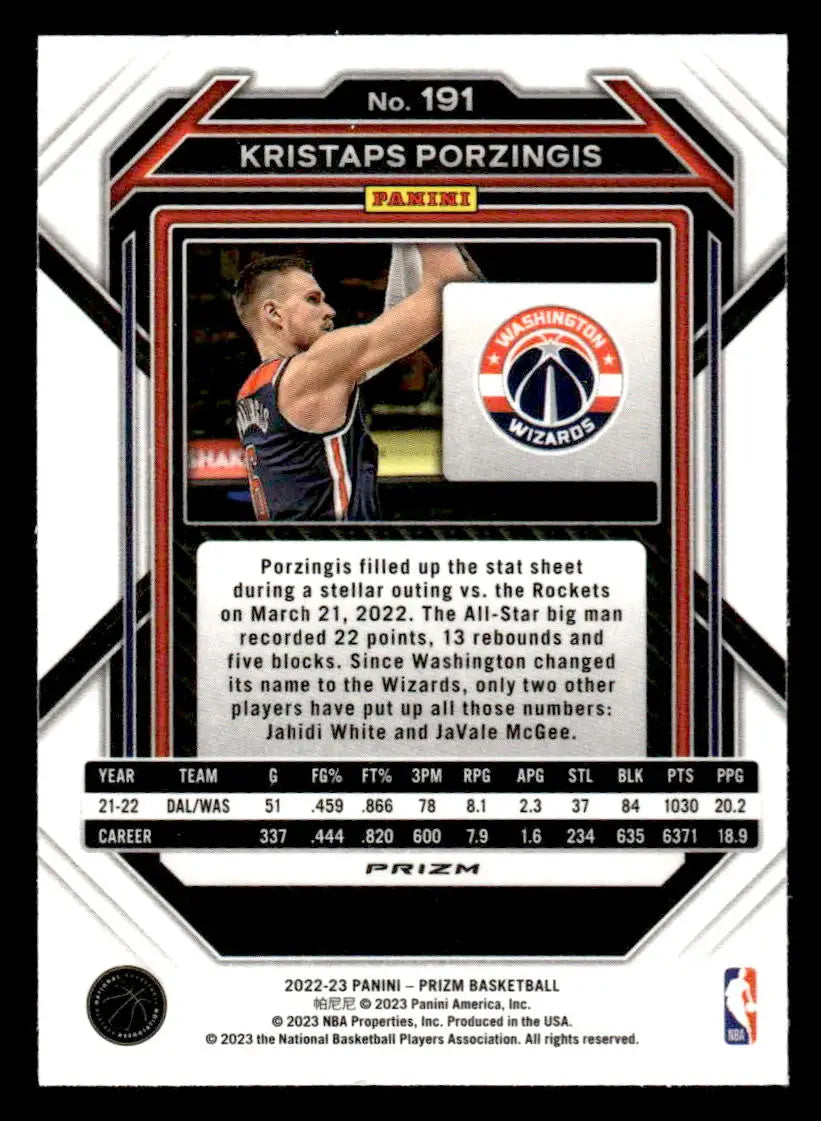 2022-23 Panini Prizm #191 Kristaps Porzingis Prizms Silver - Basketball Card Single