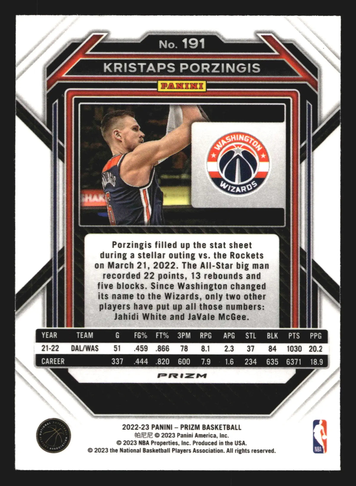 2022-23 Panini Prizm Kristaps Porzingis #191 Silver Prizm Wizards - Basketball Card Single