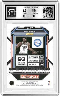 Graded Prizm Monopoly Joel Embiid trading card with Gold Money Shimmer finish