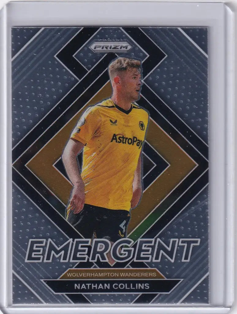 Soccer trading card of Nathan Collins in yellow jersey with AstroPay sponsor, Panini Prizm Premier League