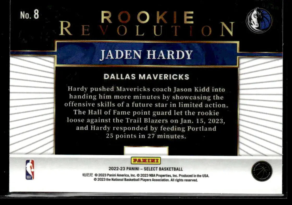 2022-23 Panini Select #8 Jaden Hardy Rookie Revolution - Basketball Card Single