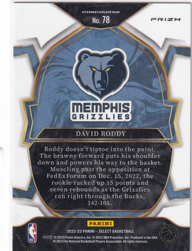 2022-23 SELECT #78 DAVID RODDY ORANGE FLASH- MEMPHIS GRIZZLIES - Basketball Card Single