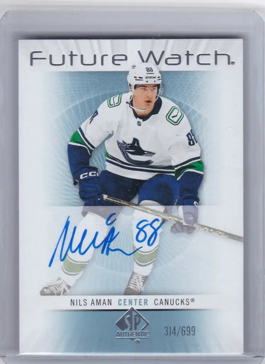 Hockey trading card of Nils Aman Future Watch Auto from the Vancouver Canucks